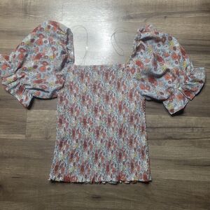 Cozy Co. Front, Back Smocked Top Piccola Floral Shirt Puff Shoulder Top Sz Small